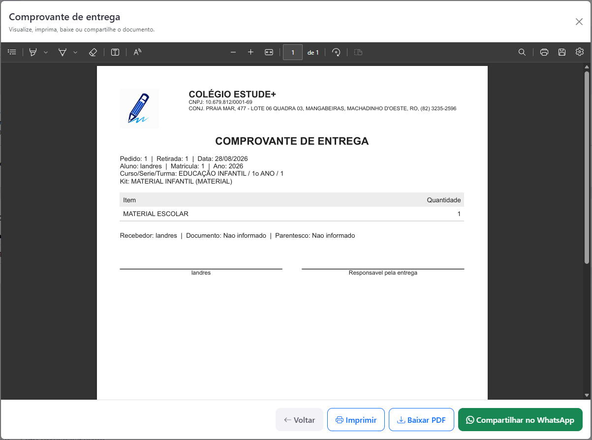 Tela do sistema: Entrega de materiais