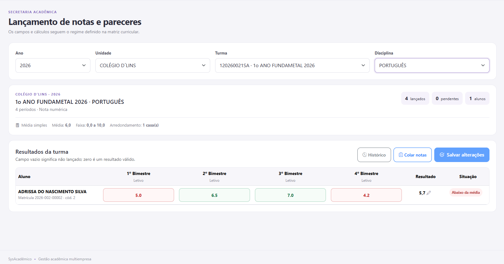Tela do sistema: Lançamento de notas